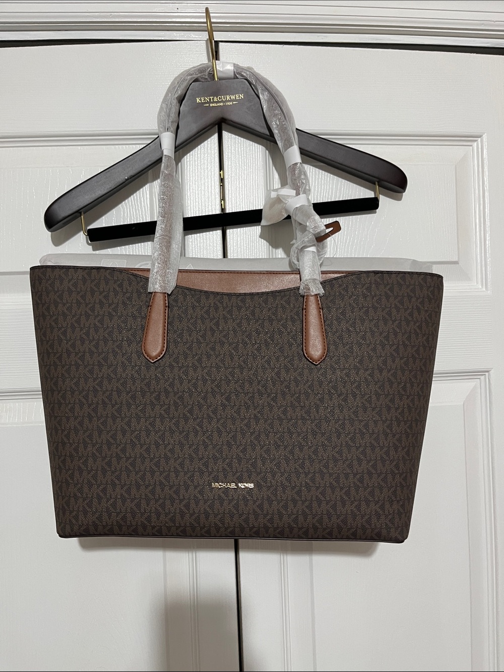 Michael Kors Dark Brown Logo Tote with Tan Trim